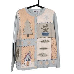 90s Cardigan Sweater M Womens Momcore Cottagecore Winter Pastels Blue Boho Indie